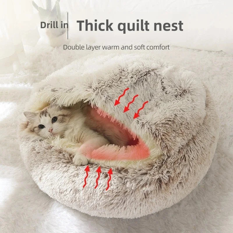 SnugShell™ Semi-Enclosed Cat Bed – Plush Winter Hideaway Nest