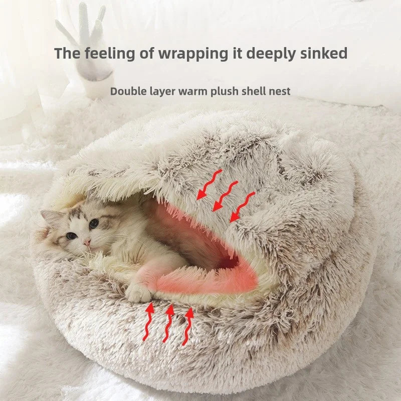 SnugShell™ Semi-Enclosed Cat Bed – Plush Winter Hideaway Nest
