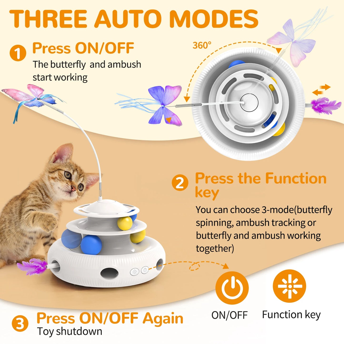 PouncePlay™ 3-in-1 Interactive Cat Toy – LED Feather Spinner, Track Balls & Butterfly Teaser