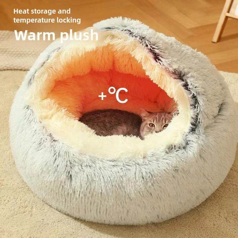 SnugShell™ Semi-Enclosed Cat Bed – Plush Winter Hideaway Nest