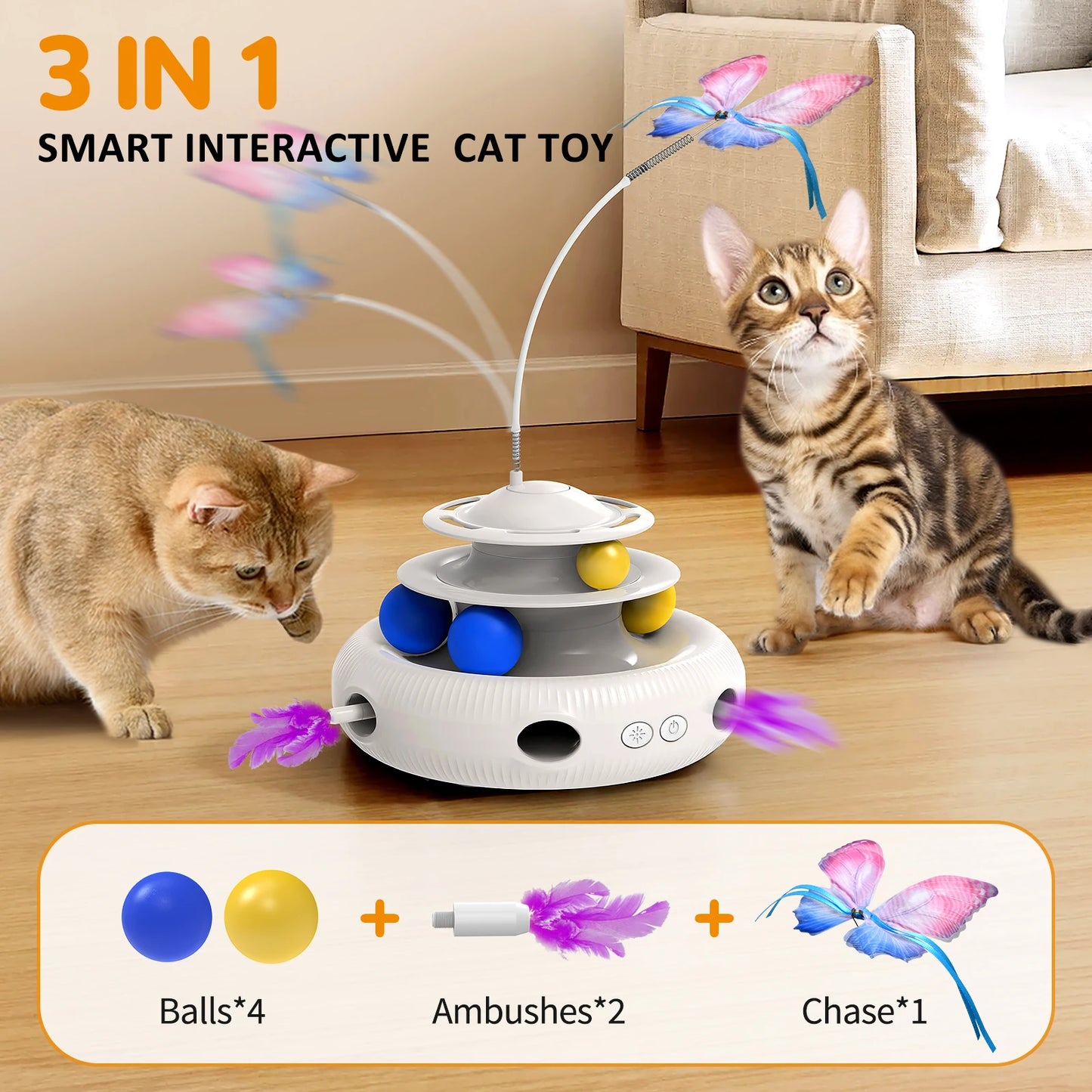 PouncePlay™ 3-in-1 Interactive Cat Toy – LED Feather Spinner, Track Balls & Butterfly Teaser