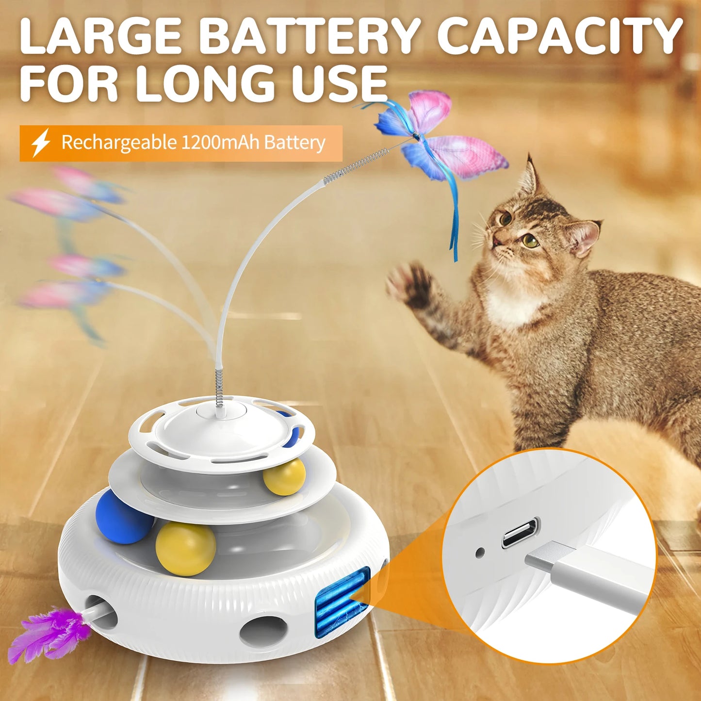 PouncePlay™ 3-in-1 Interactive Cat Toy – LED Feather Spinner, Track Balls & Butterfly Teaser