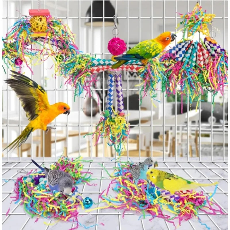Peck & Play™ Parrot Enrichment Toy Set – Natural Wood, Paper & Silk