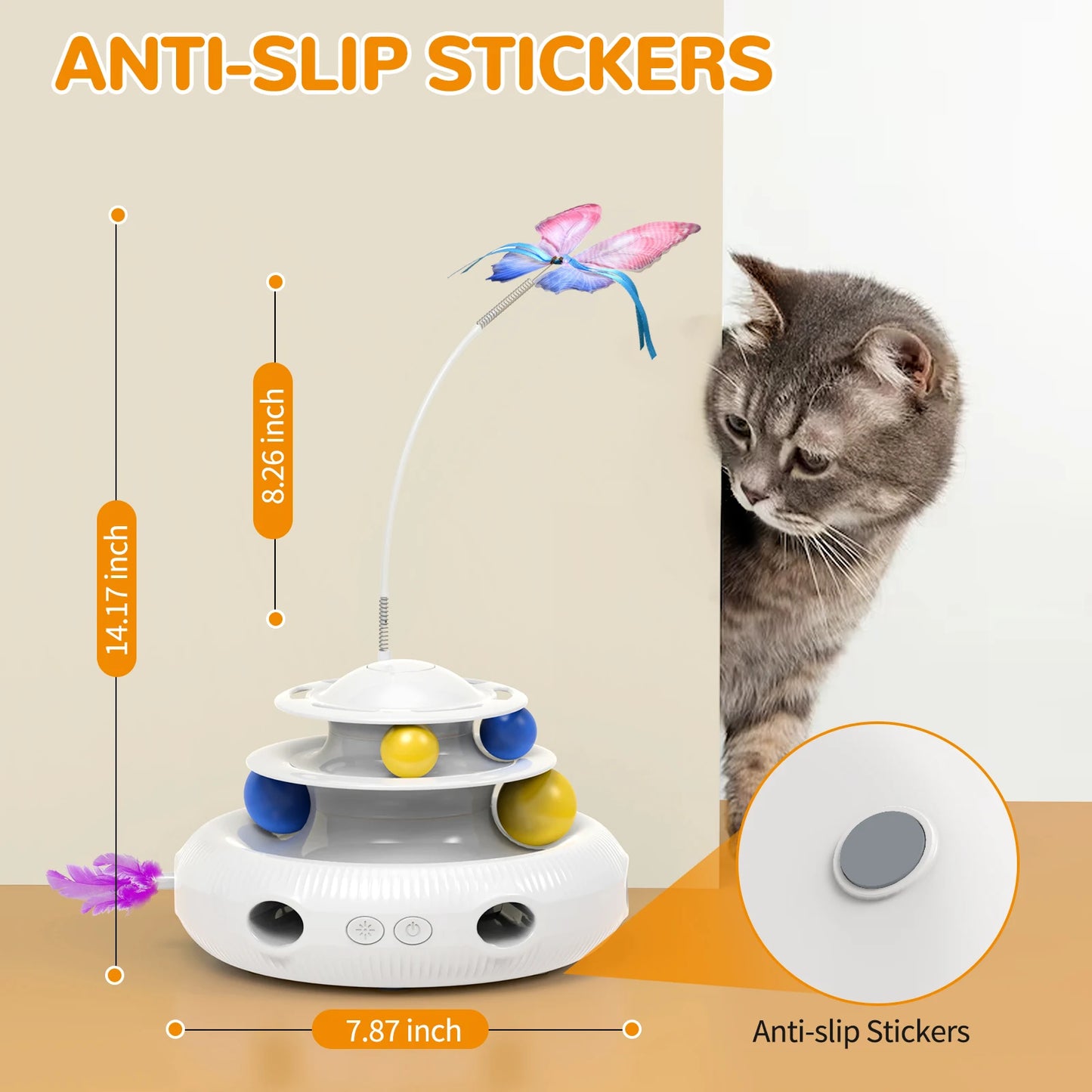 PouncePlay™ 3-in-1 Interactive Cat Toy – LED Feather Spinner, Track Balls & Butterfly Teaser
