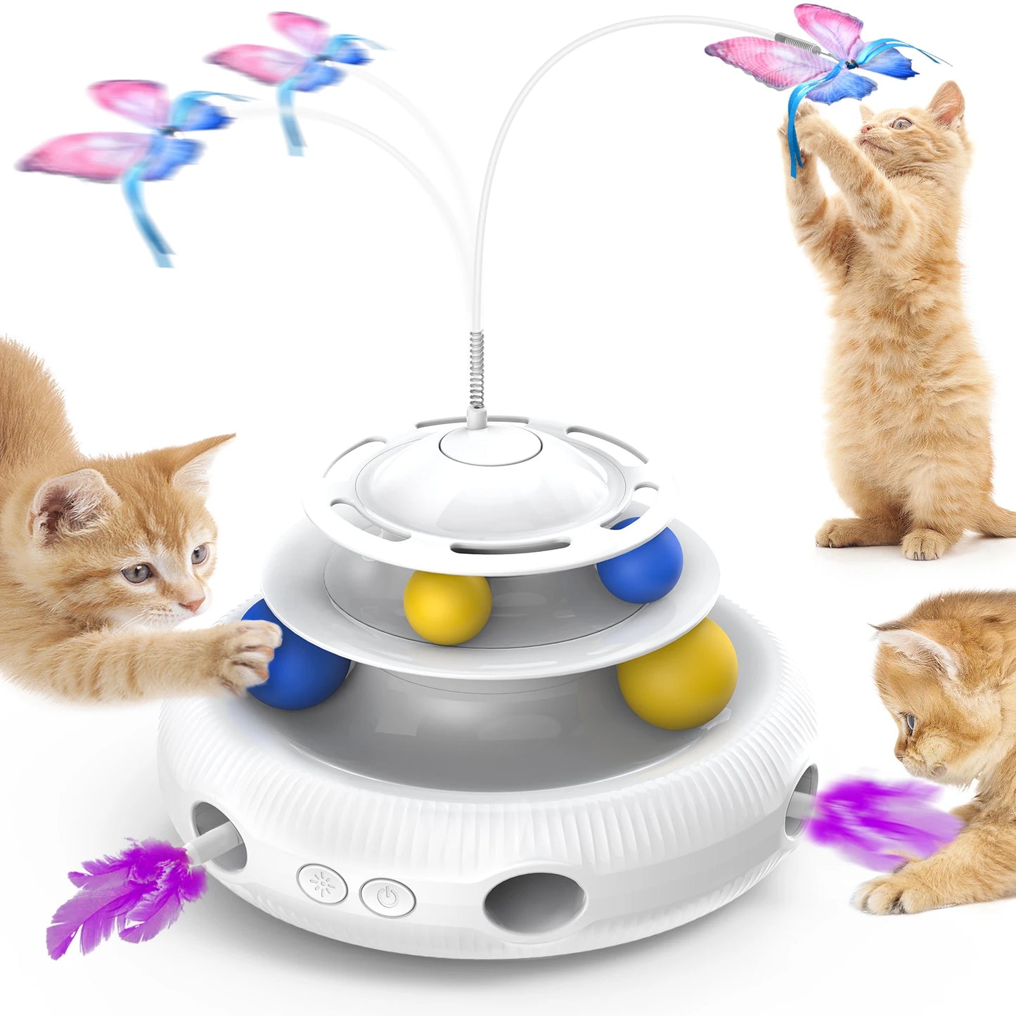 PouncePlay™ 3-in-1 Interactive Cat Toy – LED Feather Spinner, Track Balls & Butterfly Teaser