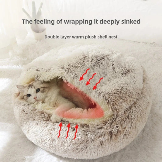 SnugShell™ Semi-Enclosed Cat Bed – Plush Winter Hideaway Nest