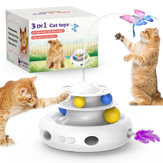PouncePlay™ 3-in-1 Interactive Cat Toy – LED Feather Spinner, Track Balls & Butterfly Teaser