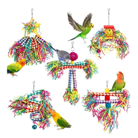 Peck & Play™  Parrot Enrichment Toy Set – Natural Wood, Paper & Silk