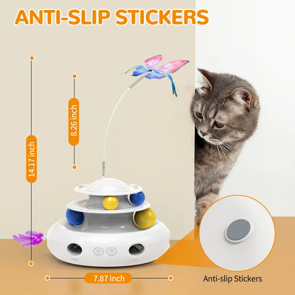 PouncePlay™ 3-in-1 Interactive Cat Toy – LED Feather Spinner, Track Balls & Butterfly Teaser
