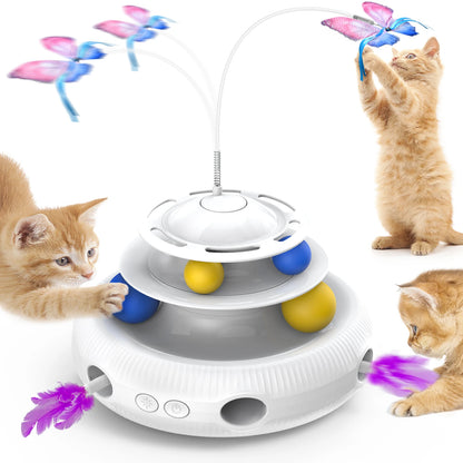 PouncePlay™ 3-in-1 Interactive Cat Toy – LED Feather Spinner, Track Balls & Butterfly Teaser